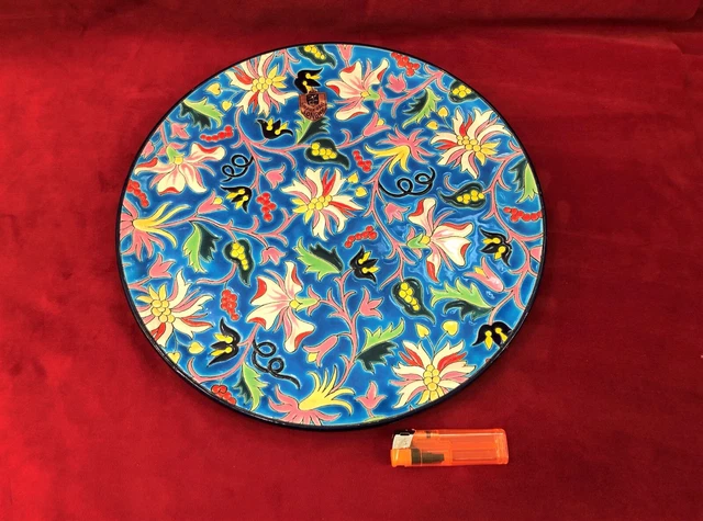 Ancien grand plat à tarte en émaux de LONGWY signée 34 cm Gâteaux Service Table