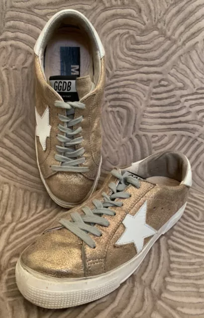 Golden Goose May ‘Glitter’ Gold Metallic & White Leather Sneakers Womens Size 37