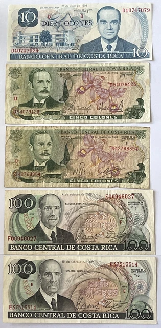 1981 5 Colones 1986 10 Colones 1989 100 Colones Costa Rica 5 Banknotes