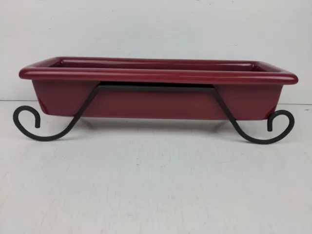 Henn Pottery Red Rectangle Tray Dish Wrought Iron Holder