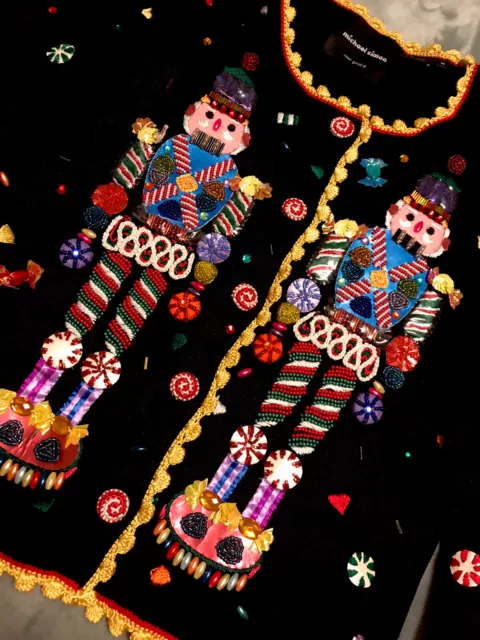 Michael Simon Christmas Cardigan Sweater Nutcrackers & Candies ~Art ~NWOT Medium