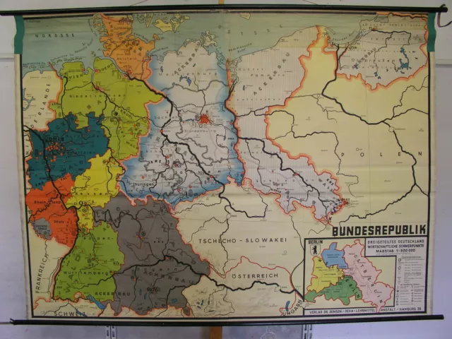 Schulwandkarte Wandkarte map Karte Deutschland dreigeteilt ca.1962 228x168 500T