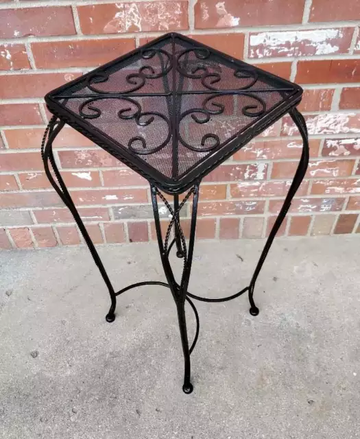 Vintage Patio Table Plant Stand Black Wrought Iron Mesh Top 14x27.5