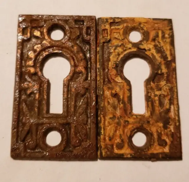 2 Vintage Antique Eastlake Style Ornate Cast Iron Ecutcheon Key Hole Covers
