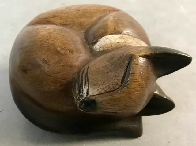 Vtg Handcarved Wooden Solid Curled Up Sleeping 5” Diameter Siamese Cat Statue