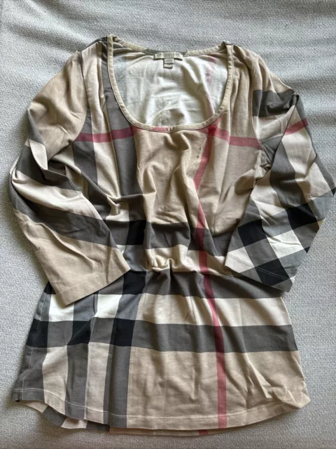 Burberry Brit 3/4 Sleeve T-Shirt Nova Check Beige Plaid Modal Women's Size Xs