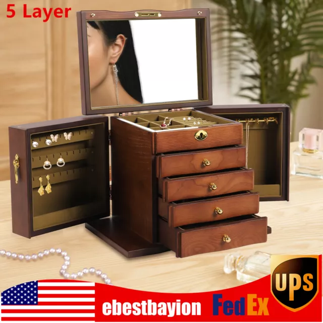 Wooden 5 - Layer Large 4 Drawers Jewelry Box Fit Wowen With Mirror Organizer Box