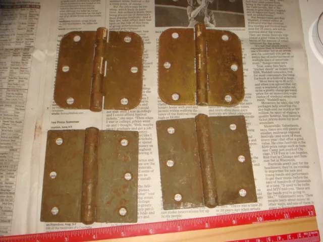 4 Vintage Brass Plated Button Hinges 3 & 1/2" , 2 pairs, Very Nice Old Hardware
