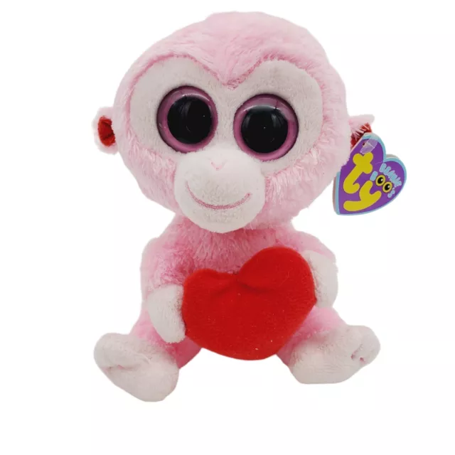 TY Beanie Boos Pink JULEP Monkey Stuffed Animal Red Heart 6" Plush 2011 Big Eyes