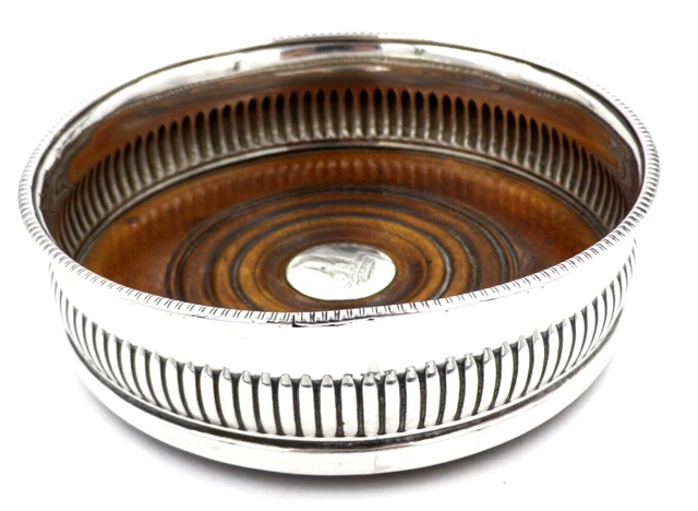 Georgian Antique Solid Sterling Silver Wine Bottle Coaster Wooden Base (SWN)