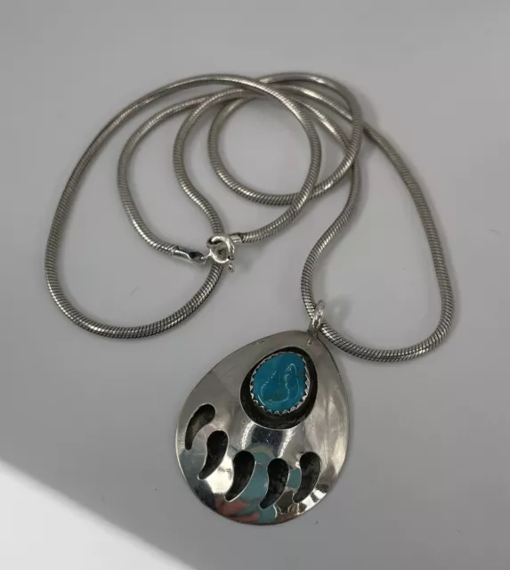 STERLING SILVER 925 & TURQUOISE LARGE BEAR PAW PENDANT Necklace