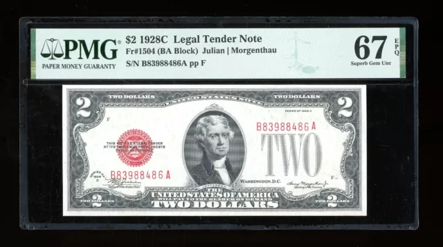 DBR 1928-C $2 Legal Superb Gem Fr. 1504 BA Block PMG 67 EPQ Serial B83988486A