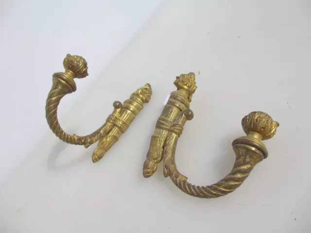 Antique Brass Curtain Tie Backs Hooks French Old Victorian Rococo Leaf Vintage