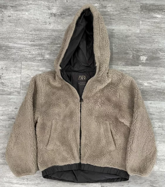 Zara Kids Beige Tan Faux Fur Full Zip Hooded Jacket Size 13/14 Great Condition