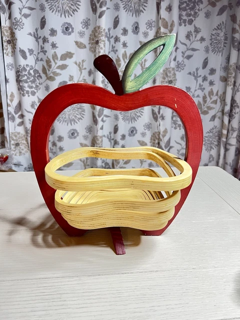 Wooden Apple Heart Collapsible Fruit Basket Vintage Red Hand Painted 12” x 10”