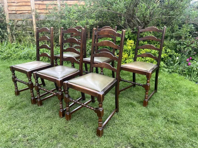 Set Of 6 Ladder back Antique Oak Drop Seat Dining Chairs Green Leather Seats