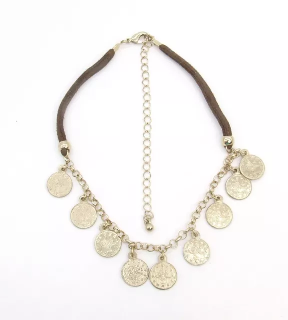 12" Gold-P Double Strand Brown Faux Leather/Replica Coin Dangle Choker Necklace