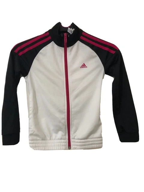 ADIDAS- Girl's White/Black/Pink Full Zip Sports/Track Jacket Size- 7-8 YEARS