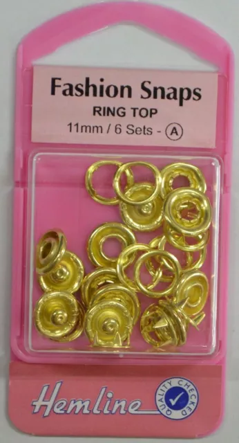 Hemline Fashion Snaps Ring Top 11mm, 6 Sets, GOLD Colour Ring