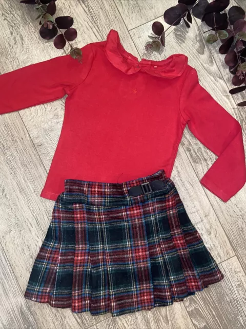 NEXT girls red green tartan skirt top outfit autumn winter Christmas age 3-4