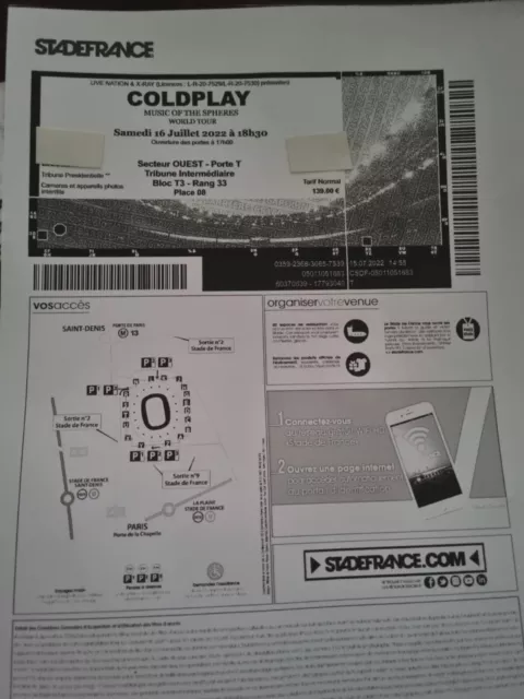 2 PLACES CONCERT Coldplay - Concert 20 juillet 2022 Stade de France EUR  157,00 - PicClick FR