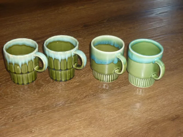 Vintage Green Drip Glaze Coffee Mugs Made in Japan Stackable Ceramic Set Of  Two