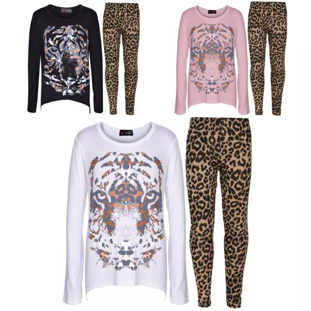 Girls Top Kids Tiger Face Print T Shirt Tops & Fashion Legging Set 7-13 Years