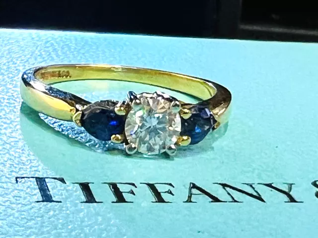Tiffany & Co 18K + Plat Diamond Sapphire 3 Stone Ring