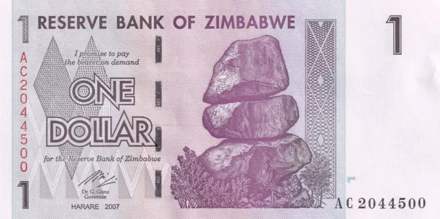 1 Dollar 2007 Zimbabwe Banknote AUNC aus Bündel P-65