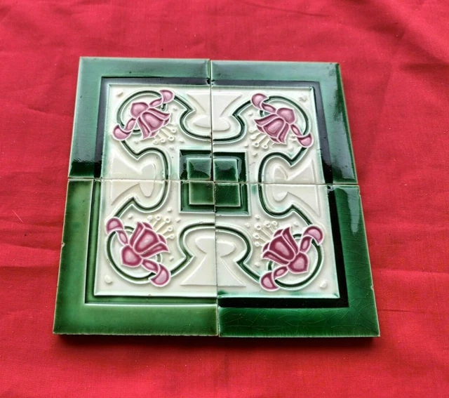 4 Piece Puzzle Design Set Old Art Majolica Ceramic Small Tiles Japan 0210 2