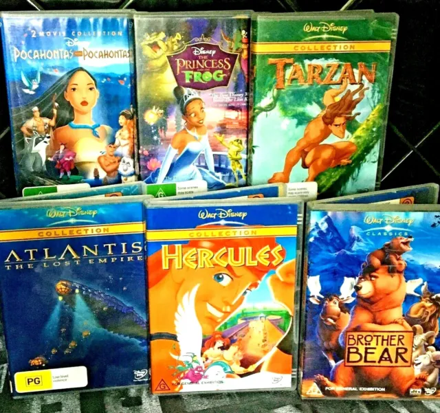 Lot 6 Disney DVD Bundle Hercules Tarzan Pocahontas 1-2 Atlantis All Pro-Cleaned