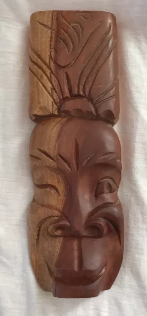 Vintage Wood Carved Tiki Tahitian African Smiling Head Sculpture 12.1x4x 1.25"