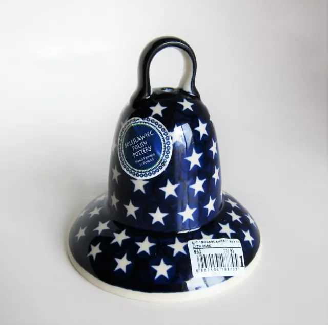 Ceramika Wiza Boleslawiec Polish Pottery BELL w STARS Christmas Ornament 4.75"
