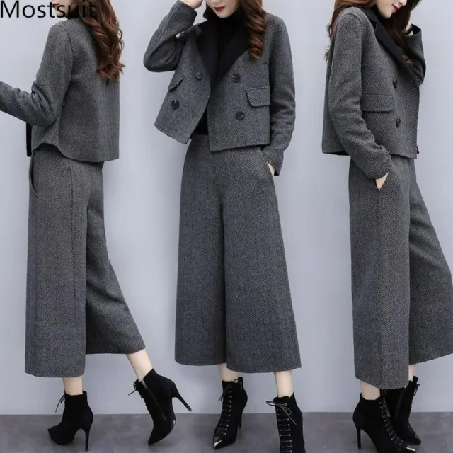 Autumne Hiver Woolen Deux Pièce Lot Tenues Femmes Plus Taille Court Coat Et Wide