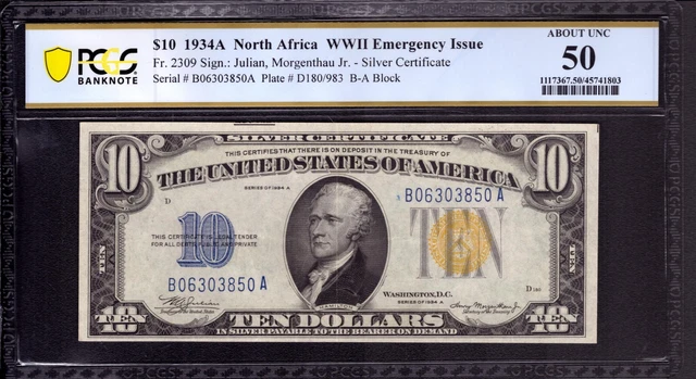 1934 A $10 Silver Certificate North Africa Fr.2309 Ba Block Pcgs B About Unc 50