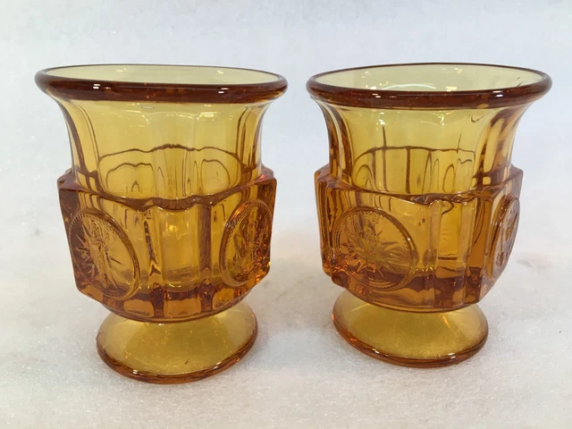 2 FOSTORIA Amber Coin Glass Footrf Cigarette Urn / Toothpick Holder