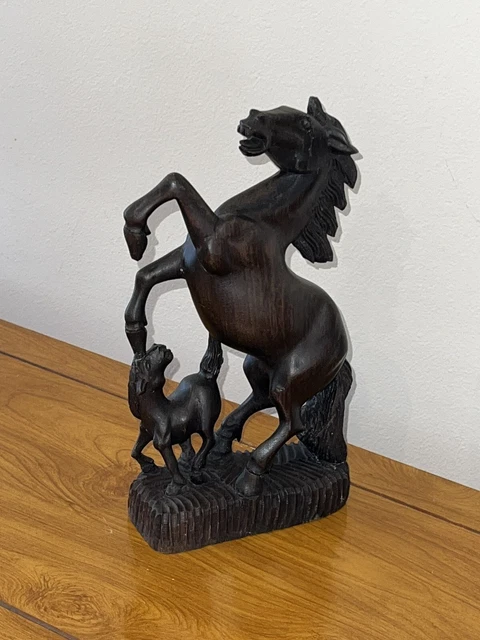 Vintage Old Horse Stallion Foal Statue Handcrafted Wooden Burma Myanmar