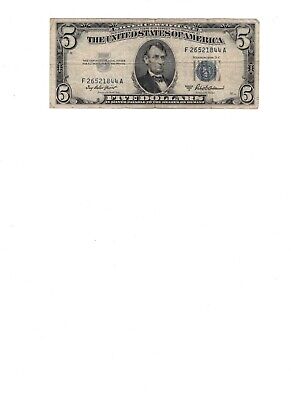 ✯$5 Silver Certificate Note✯ Blue Seal ✯Old Money Rare Bill Lot 1953✯