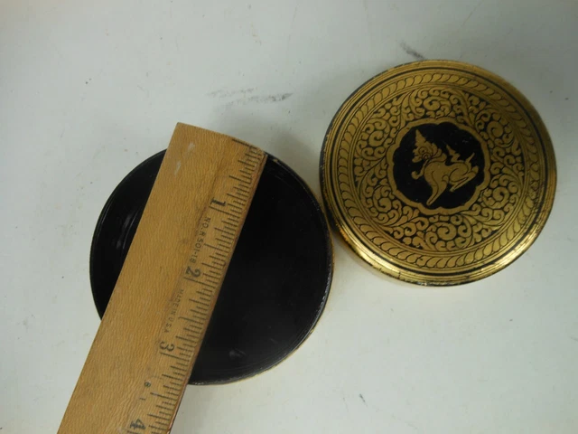 Burmese Round Lacquered Box Black Gold Gilt Lacquer Singha Lion Motif 5