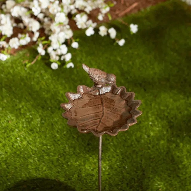 Rustic Brown Cast Iron Elm Leaf Shaped Decorative Birdbath Garden Charm
