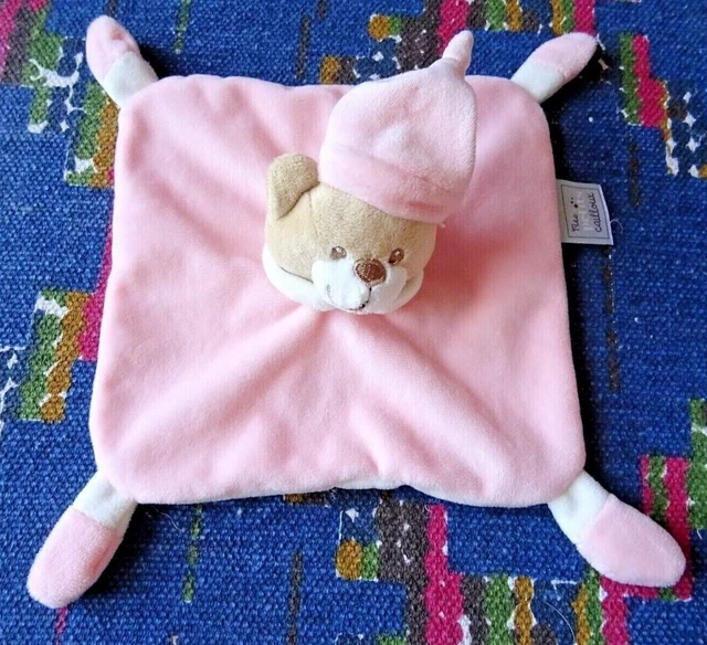 Gp/  Doudou Plat Mes Petits Cailloux Ours Bonnet Rose Blanc Kom 9