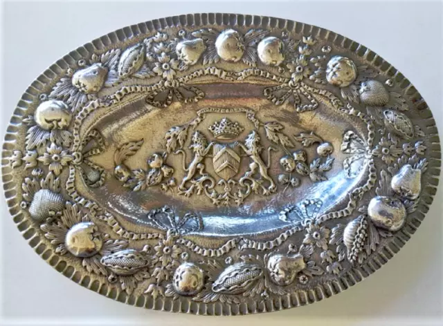 Antique Sterling Silver Classic Baroque Handmade Armorial Oval Tray Lot 14-3/4"