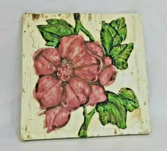 Vintage Japanese Tile Rare Antique Condition Ceramic Collectible Flower Art Tile