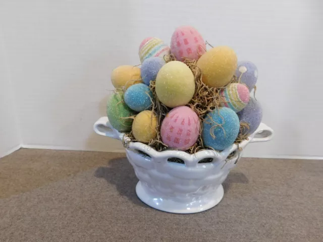 White Ceramic Basket of Iridescent Easter Eggs