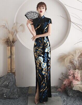 New Luxurious Black Royal Floral Chinese Sequin Long Dress Cheongsam Qipao