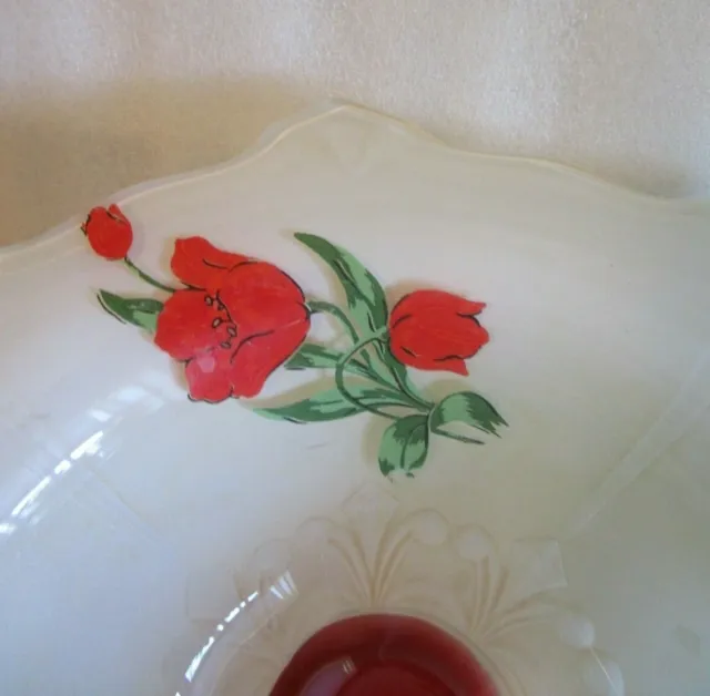 MCM ART DECO INDIANA GLASS Footed BOWL White 🌹 Red Tulips Moderne Classic Line