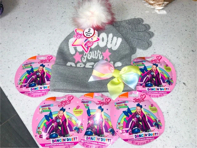 New 7 Lot JOJO SIWA GREY HAT MITTENS 5 BATH BOMB CRUMBLES Follow Your Dreams