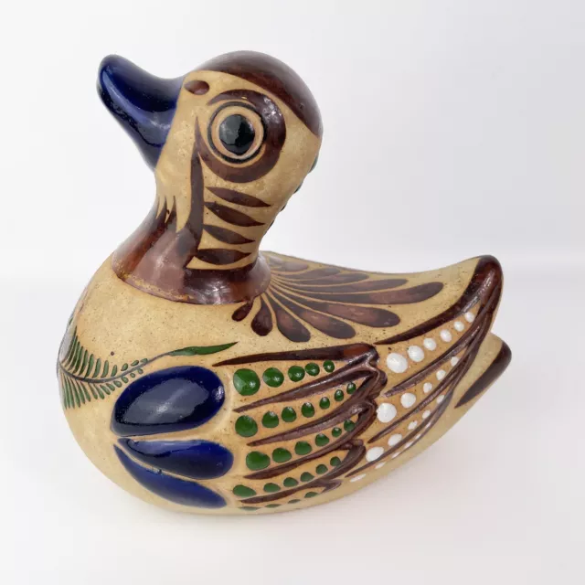 Vintage Hand Painted Mexican Tonala Glazed Ceramic Pottery Duck Bird 6"