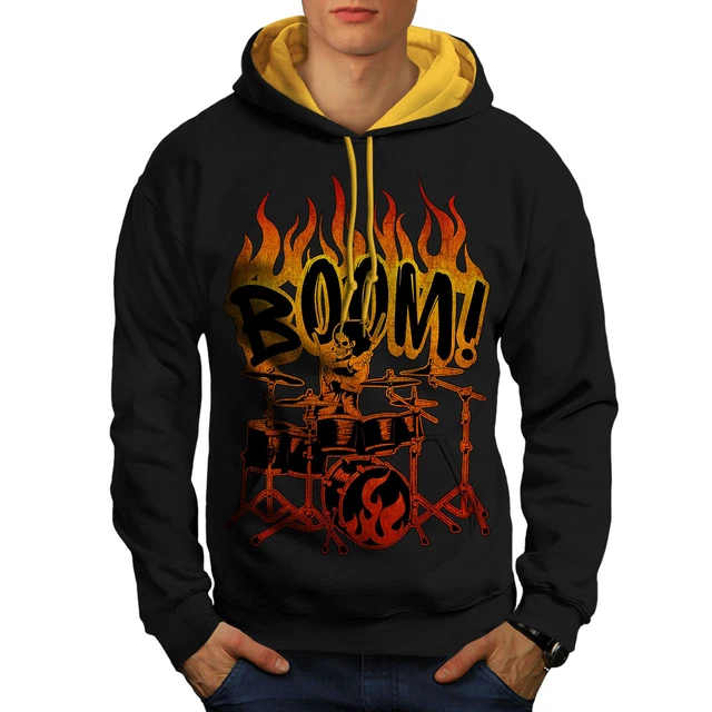 Wellcoda Skeleton Drummer Mens Contrast Hoodie, Playing Casual Jumper