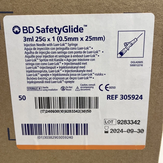 3mL Syringe with 25G x 1 Inch SafetyGlide Needle BD 305924 50/box 9/30/2024